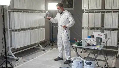 Professional cabinet painting in Austin, TX using spray techniques for smooth, durable kitchen finishes