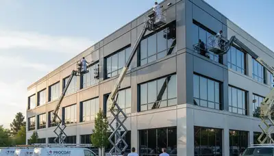Professional commercial painters coating Austin TX office exterior for durable, high-quality finish