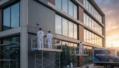 Professional commercial painters coating Austin TX office exterior with durable paint finish