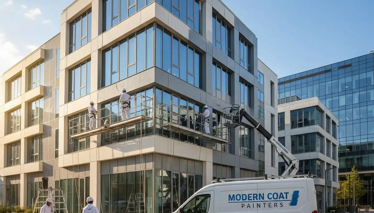 Professional commercial painters coating an office exterior in Austin, TX