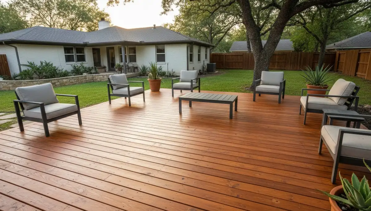 Finished deck staining in Austin, TX highlighting rich wood tones and weather-resistant protective finish