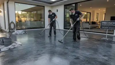 Professional concrete staining on Austin TX patio with durable exterior floor coating finish