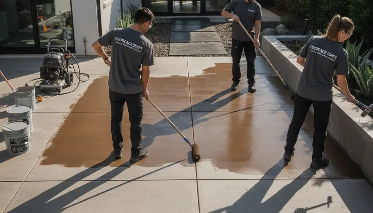 Professional concrete staining on Austin TX patio with durable floor coating for outdoor spaces