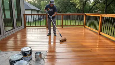 Professional deck staining in Austin TX applying protective wood finish for lasting outdoor beauty