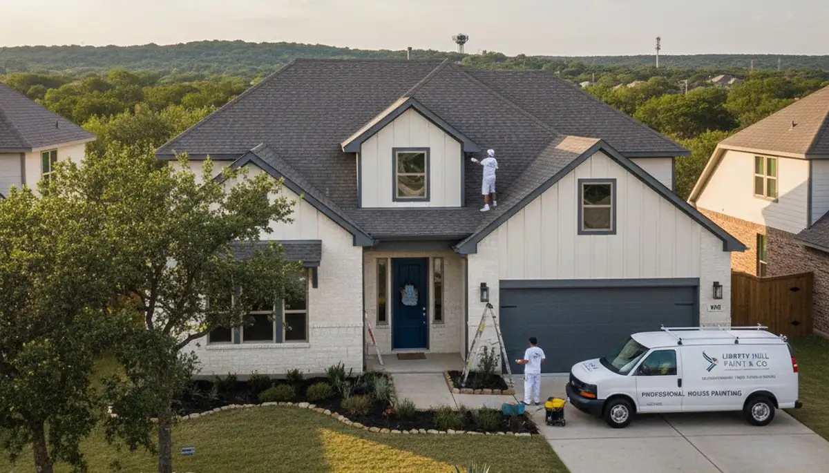 Professional exterior house painters in Austin TX applying fresh paint to home siding