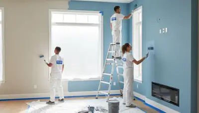 Professional interior house painters finishing living room walls in Austin, TX