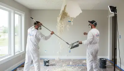 Technician removing popcorn ceiling in Austin, TX home for smooth, modern refinished surface