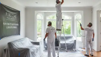 Technician removing popcorn ceiling in Austin TX home during professional ceiling refinishing service