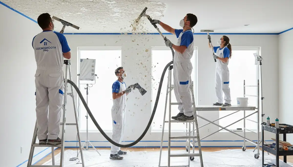 Technician removing popcorn ceiling in Austin, TX home during expert ceiling refinishing service