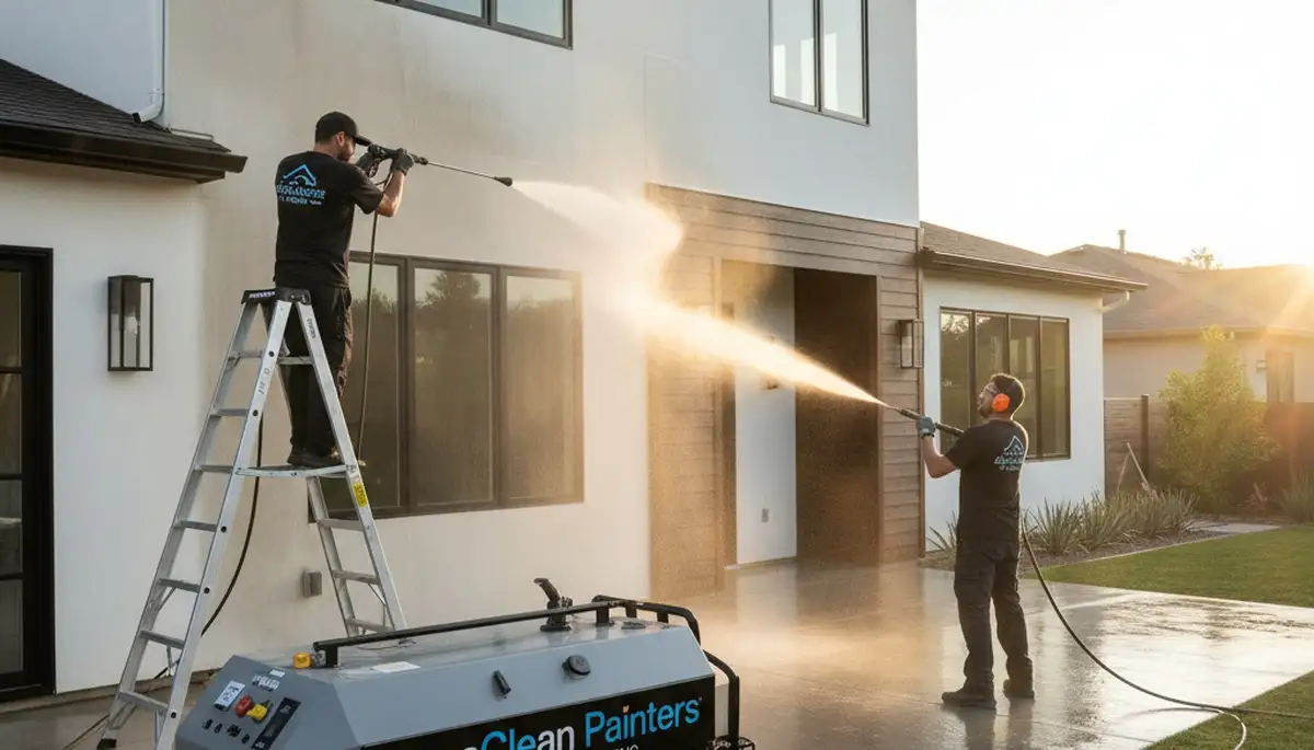 Professional pressure cleaning on stucco home exterior in Austin, TX by expert house painters