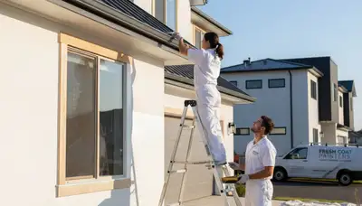Professional trim and fascia painting on Austin TX home exterior by expert house painters
