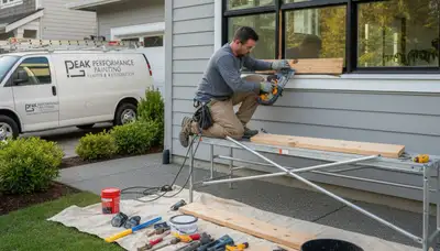 Contractor repairing exterior wood rot on Austin TX home before professional painting restoration